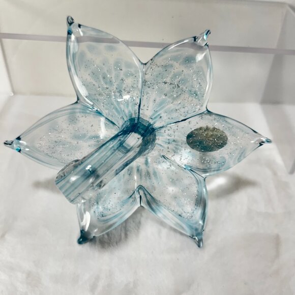 Murano Style Art Glass Hand Blown Stargazer Pale Blue Lily Flower Metallic Silve - Picture 8 of 13